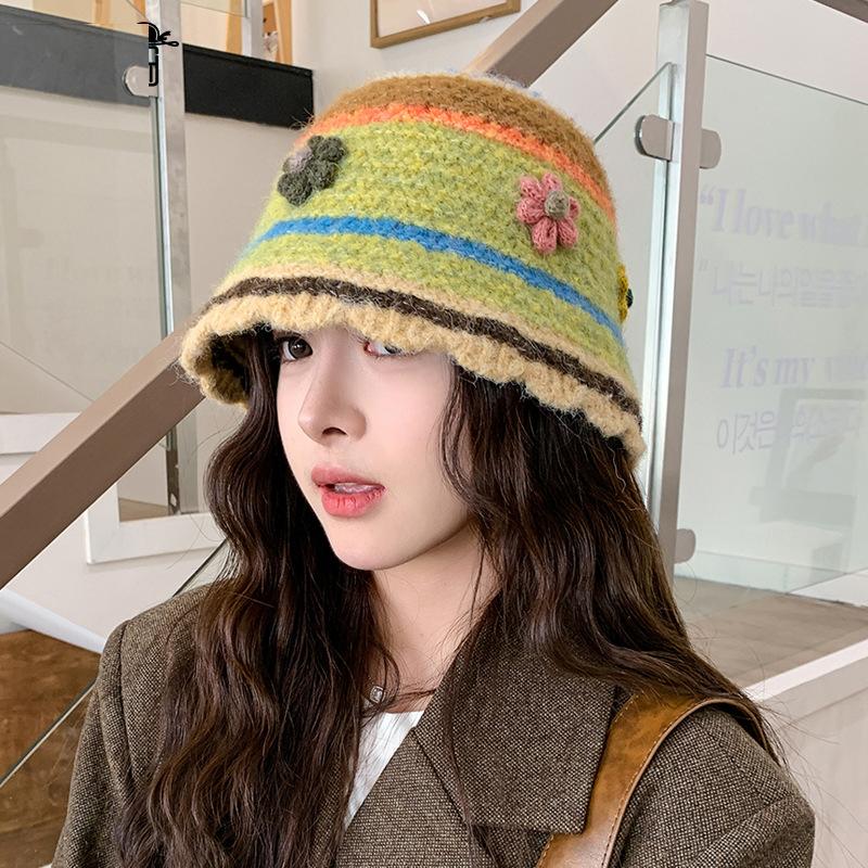 Knitted Basin Hat Autumn Winter Wool Hat Women's Colorful Flower Fisherman Hat