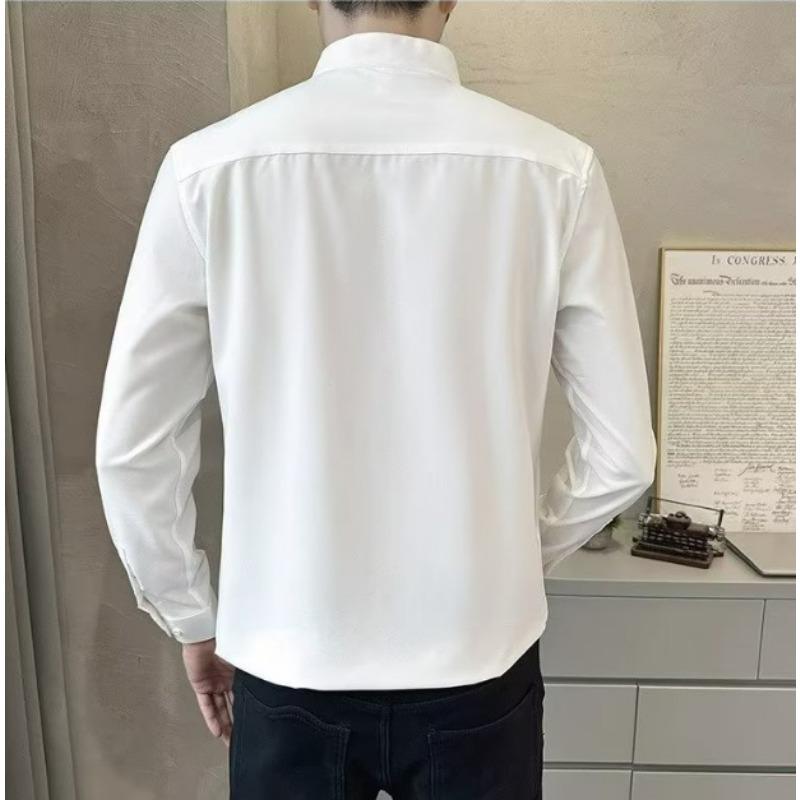 Mens Solid Color Stand Collar Long Sleeve New Chinese Style Casual Shirt