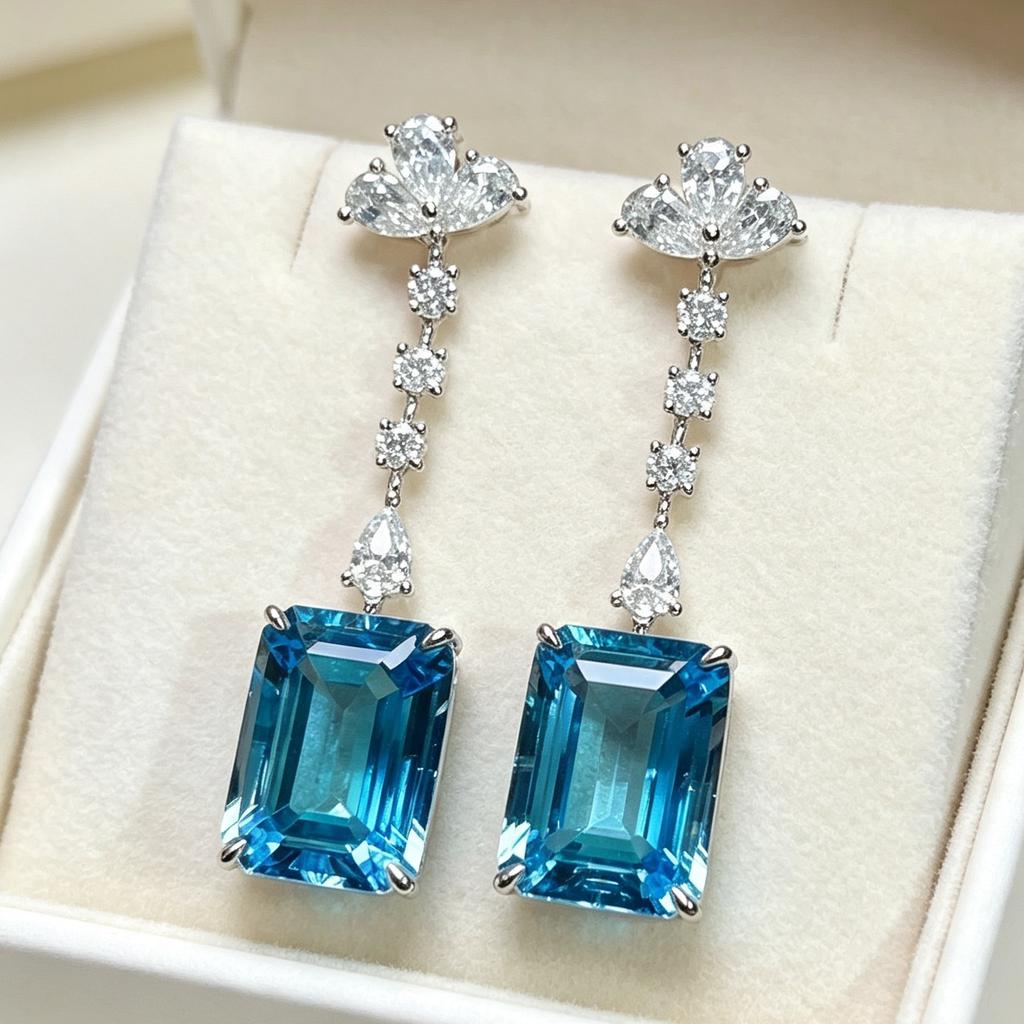 925 Silver Plated New Emerald Cut Blue Cubic Zirconia Long Drop Earrings - Floral Top Diamond Dangle Earrings for Wedding Banque