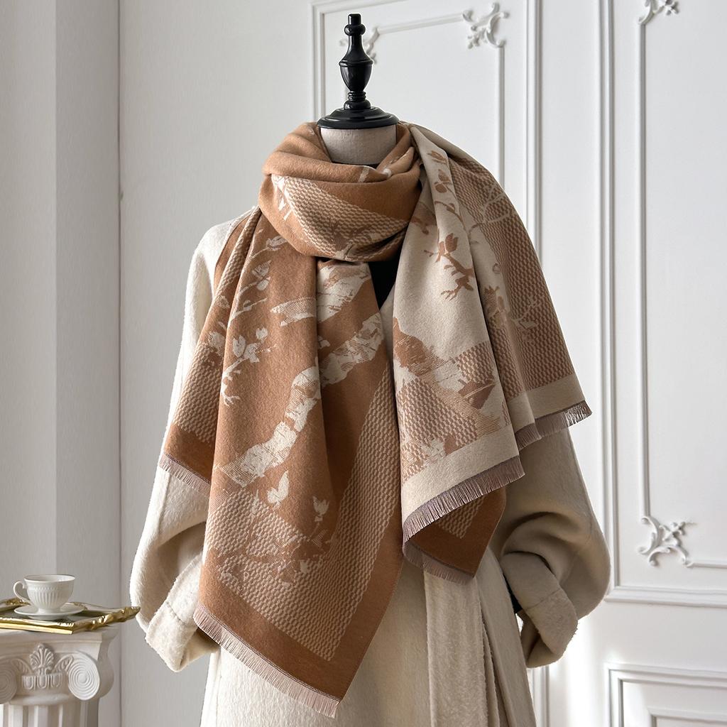 Luxury Bird Branch Print Scarves for Women Warmer Winter Imitation Cashmere Pashmina Shawls Female Thick Blanket Wraps Scraf
