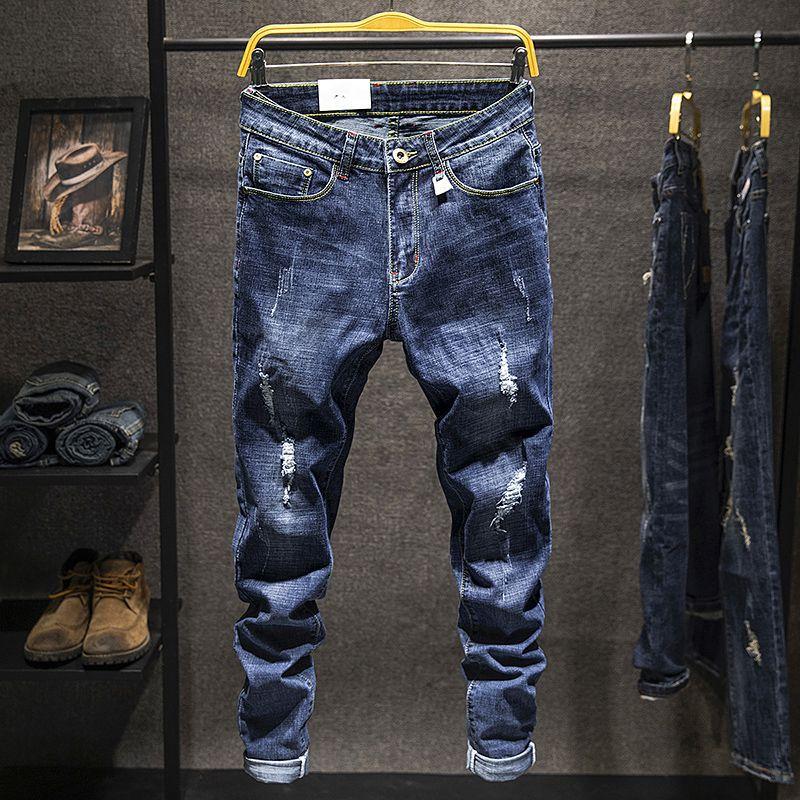 

Spring and Summer Blue Fried Street Stretch Men s Korean Version of The Trend of Casual All-match Ripped Slim-fit Pants 38 синій
