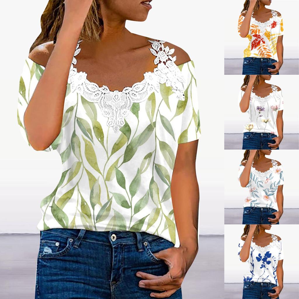 Top da donna con scollo a V e patchwork di pizzo, maglietta a maniche corte stampata, top tunica