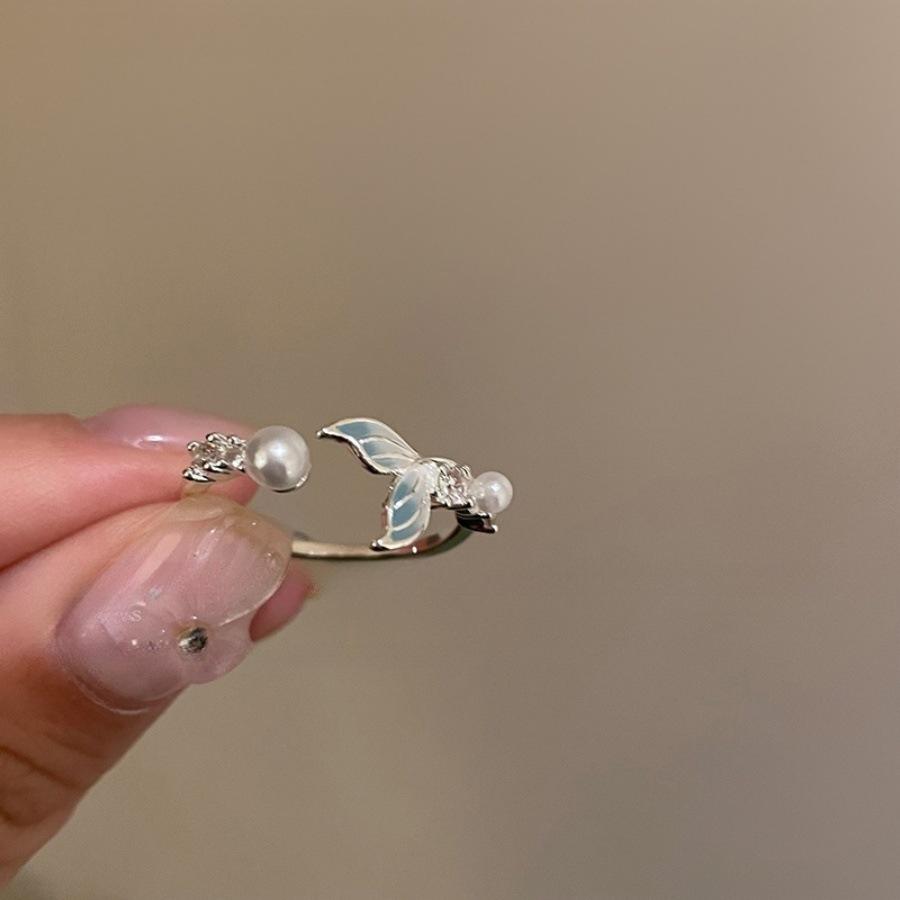 Korean zircon pearl fishtail open ring simple temperament exquisite versatile ring