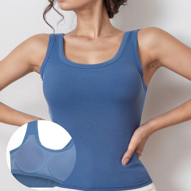 Geripptes Tanktop für Damen in U-Form mit herausnehmbaren BH-Polstern, schmale Passform, einfarbig, lässig, Tanktops innen und außen