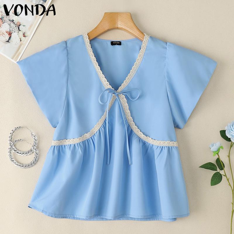 

VONDA Летние женские топы с V-образным вырезом, пышными короткими рукавами, сшивкой, повседневная блузка 3XL