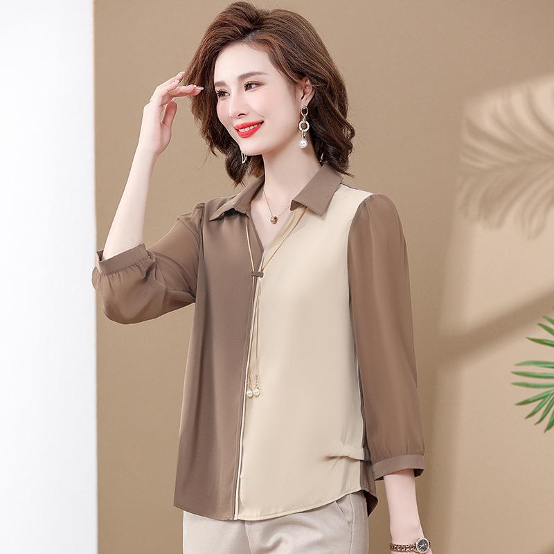 

Women s Spring/Fall Long-Sleeve Chiffon Top for Middle-Aged and Elderly 4XL (Recommended 150-165 lbs) хаки