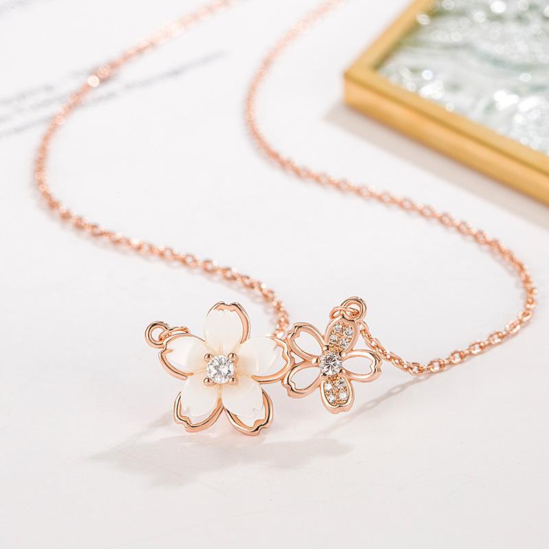 Ladies Elegant Sakura Crystal Pendant Necklace