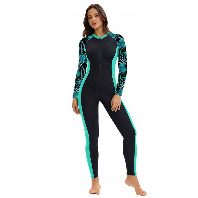 Womens Conservative Long Sleeve One Piece Swimsuit Full Body Zipper Sun Protection Surfing Swimwear