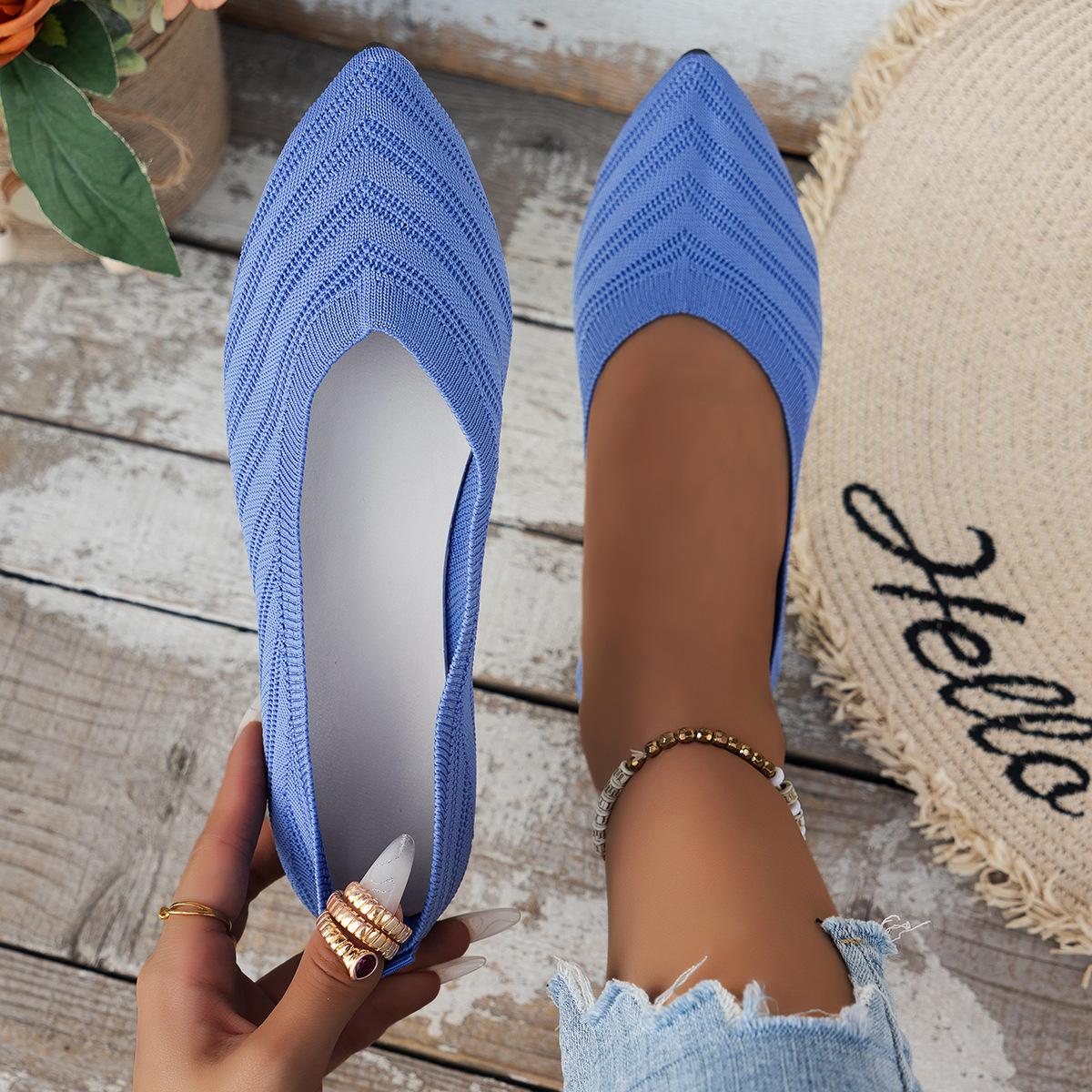 

Новые весенне-летние однотонные остроносые туфли на плоской подошве, удобные женские туфли, мягкие повседневные дышащие женские вязаные туфли большого размера 41 синий