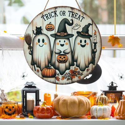 Halloween Sign for Front Door Halloween Wreath Wooden Hanging Sign Boo Ghost Pumpkin Witch Welcome Sign for Window Wall Decor