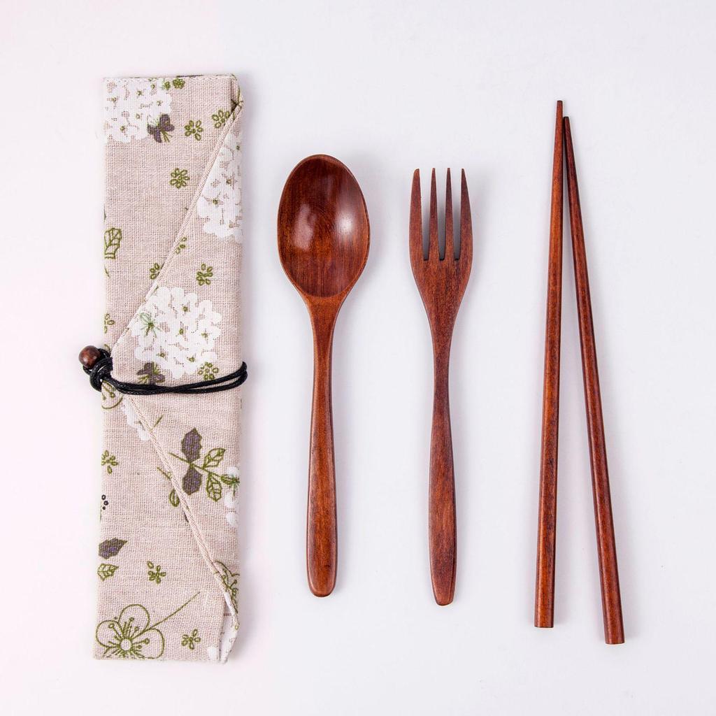 Japanese Wooden Portable Tableware Set: Long-Handled Spoon, Fork, and Chopsticks - Korean Style Three-Piece Set for Outdoor Use.