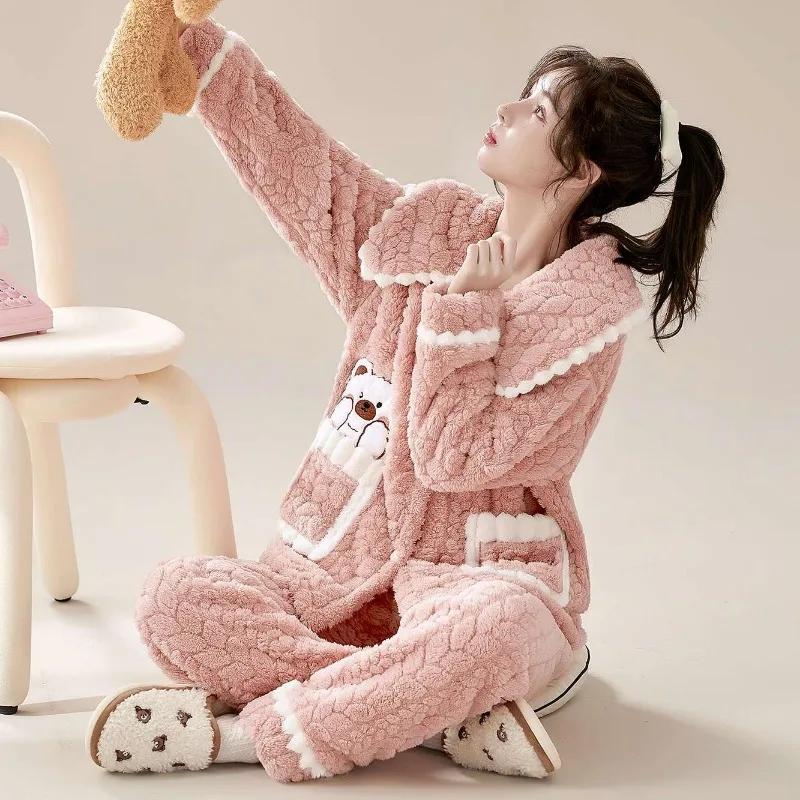 Women's Thickened Loose Size Pajamas Set Flannel Home Wear Cute Sweet Autumn Winter Loungewear Suit Warm Coral Velvet Sleepwear