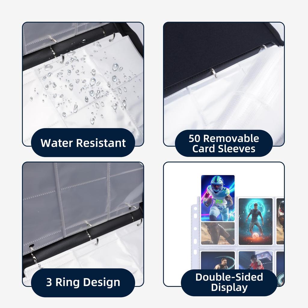 Sports Card Binder Sleeves,900 Pocket Sports Card Holder 50 Removable Sheets for Trading Cards Zipper Folder Collector Album 3 Ring Baseball Football