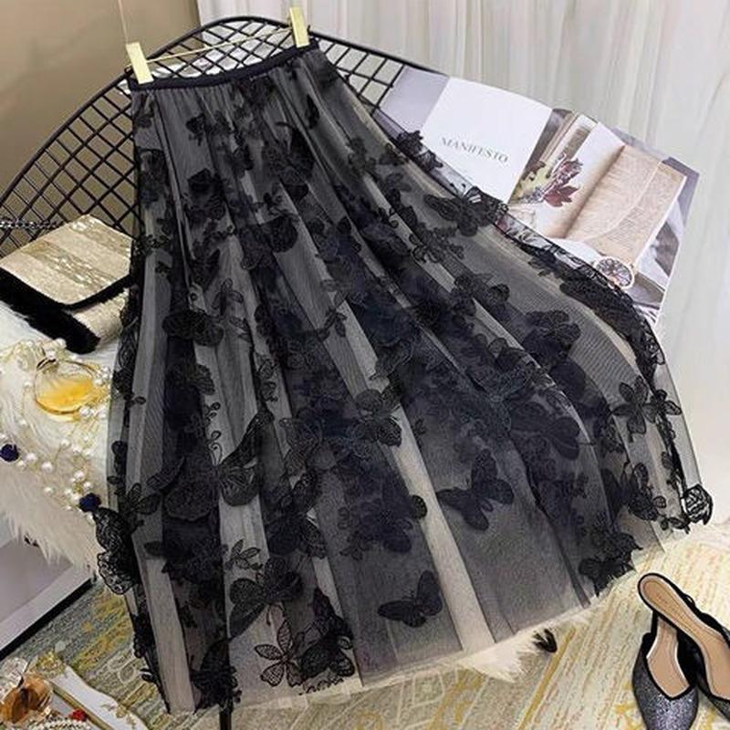 Women Spring Autumn Boho Lace Crochet Skirt Stretch High Waist Women Embroidery A-Line Skirt Women Beach Pleated Skirt