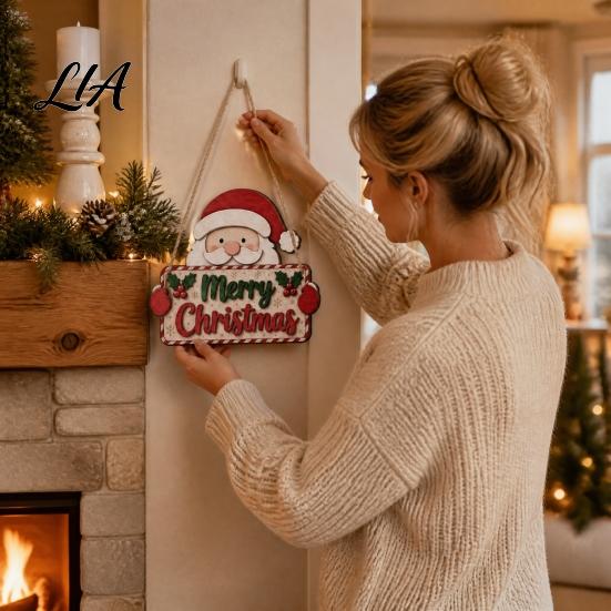 Holiday Festive Wood Pendants 2D Flat Christmas Wooden Door Hanger Sign, Santa & Snowman Welcome Party Decorations Hanging Plaque, Merry Front