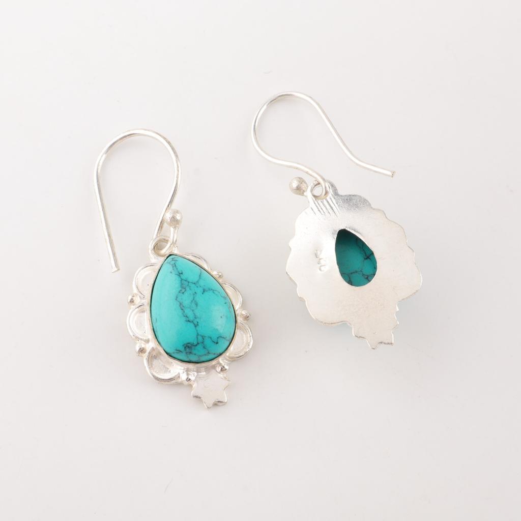 Blue Turquoise Gemstone 925 Stamped Silver Jewelry Handmade Girls Earrings 1.6" EE-163-23