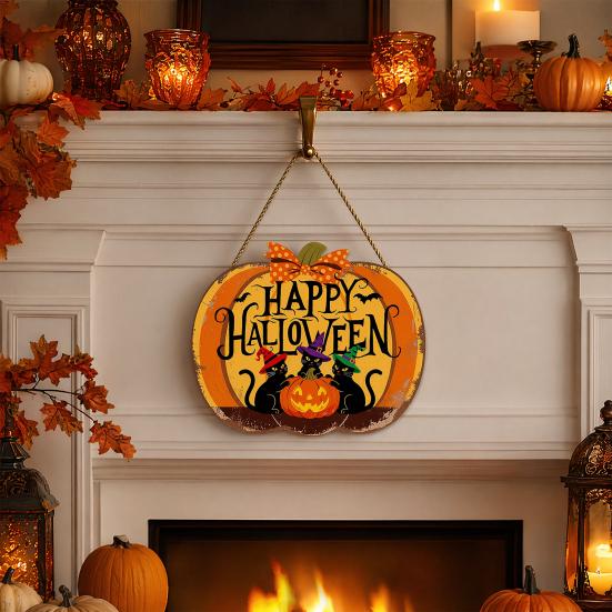 Happy Halloween Door Sign, Spooky Wooden Pumpkin Front Door Hanger for Farmhouse Porch Wall Hanging Decor
