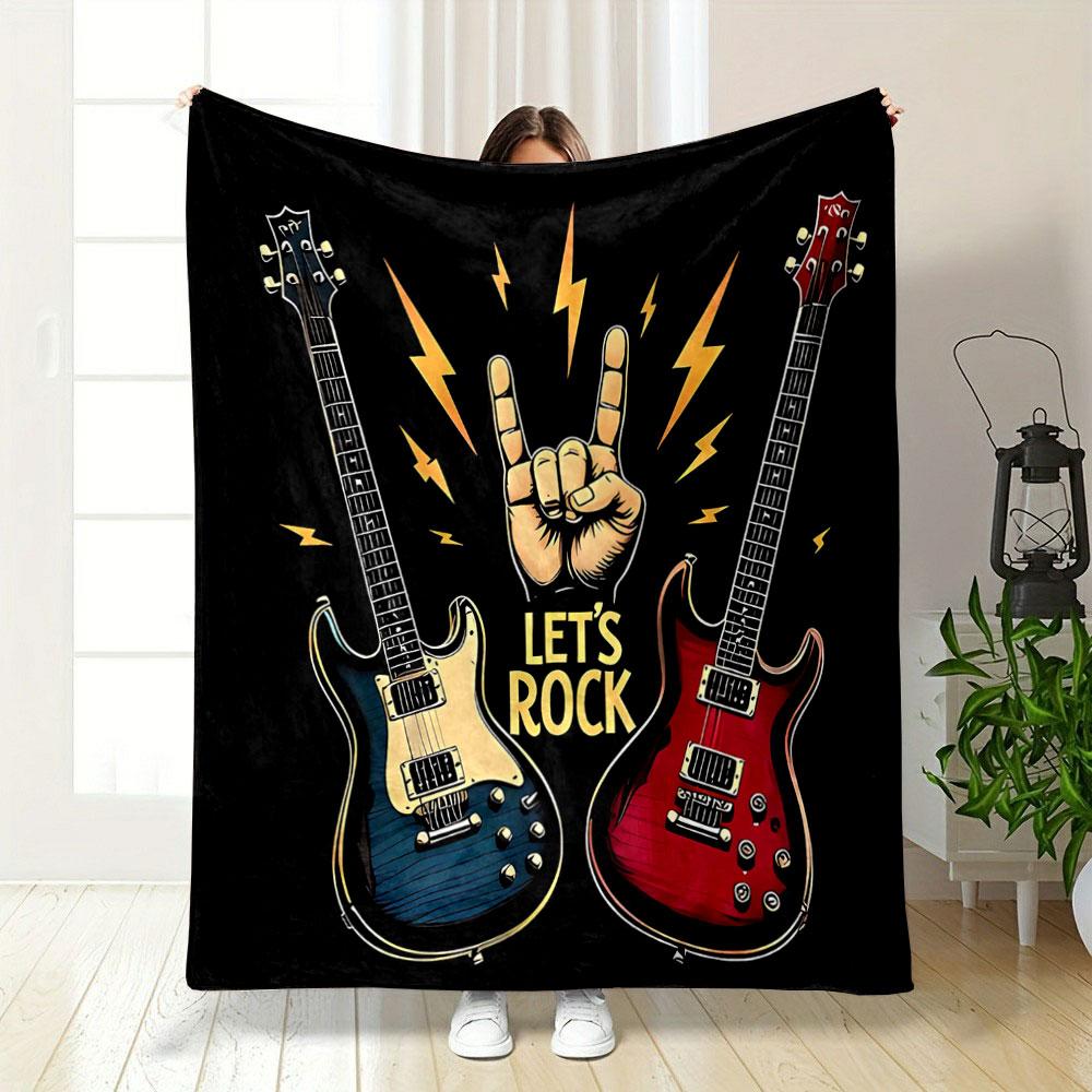 Two Electric Guitars, Hand Sign, Lightning Bolts, and Let s Rock Text. for All Seasons Blanket Lunch Break Throw Gift 75X95CM