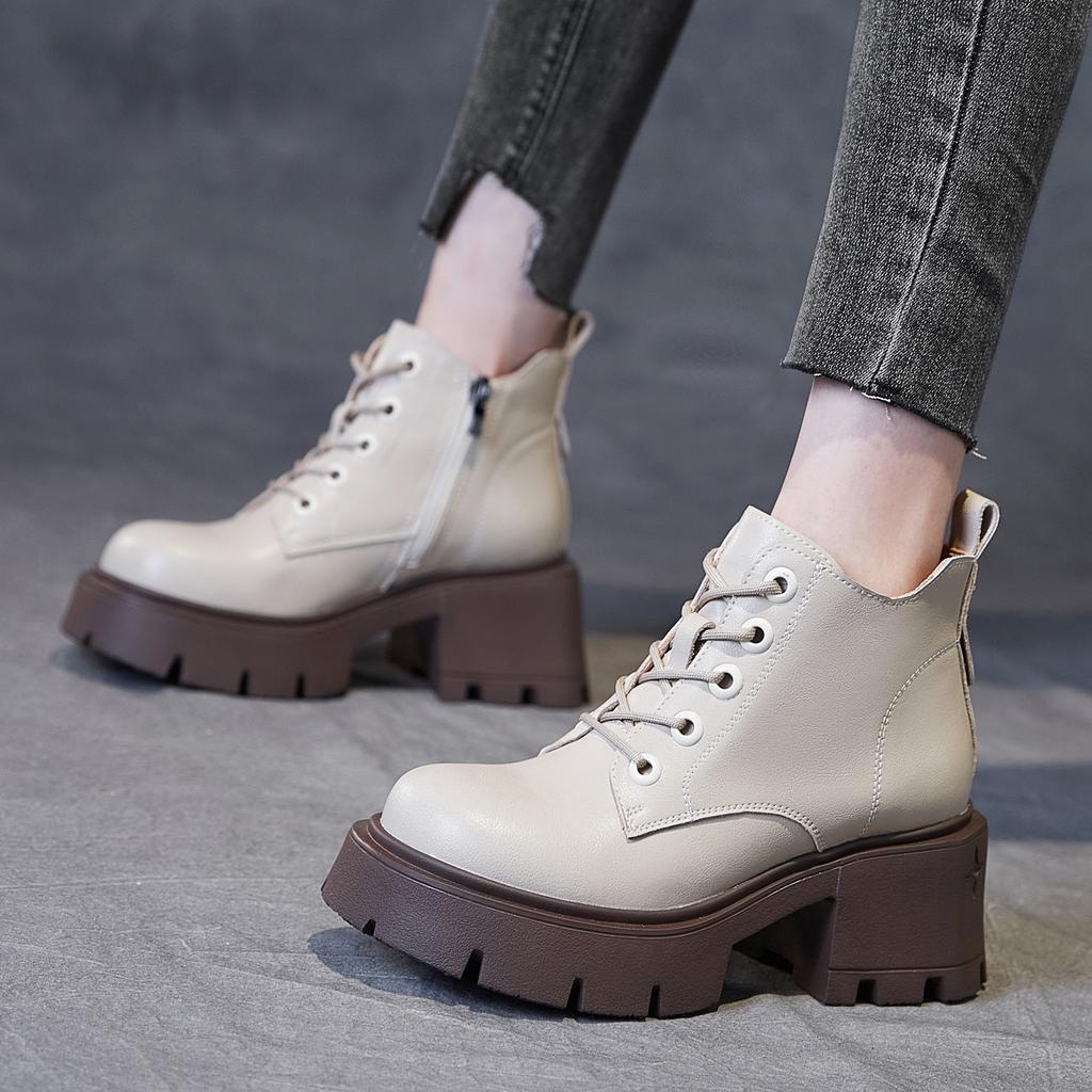 Autumn and winter new thick heel Martin boots women's leather round head small height increase short boots women's boots tide