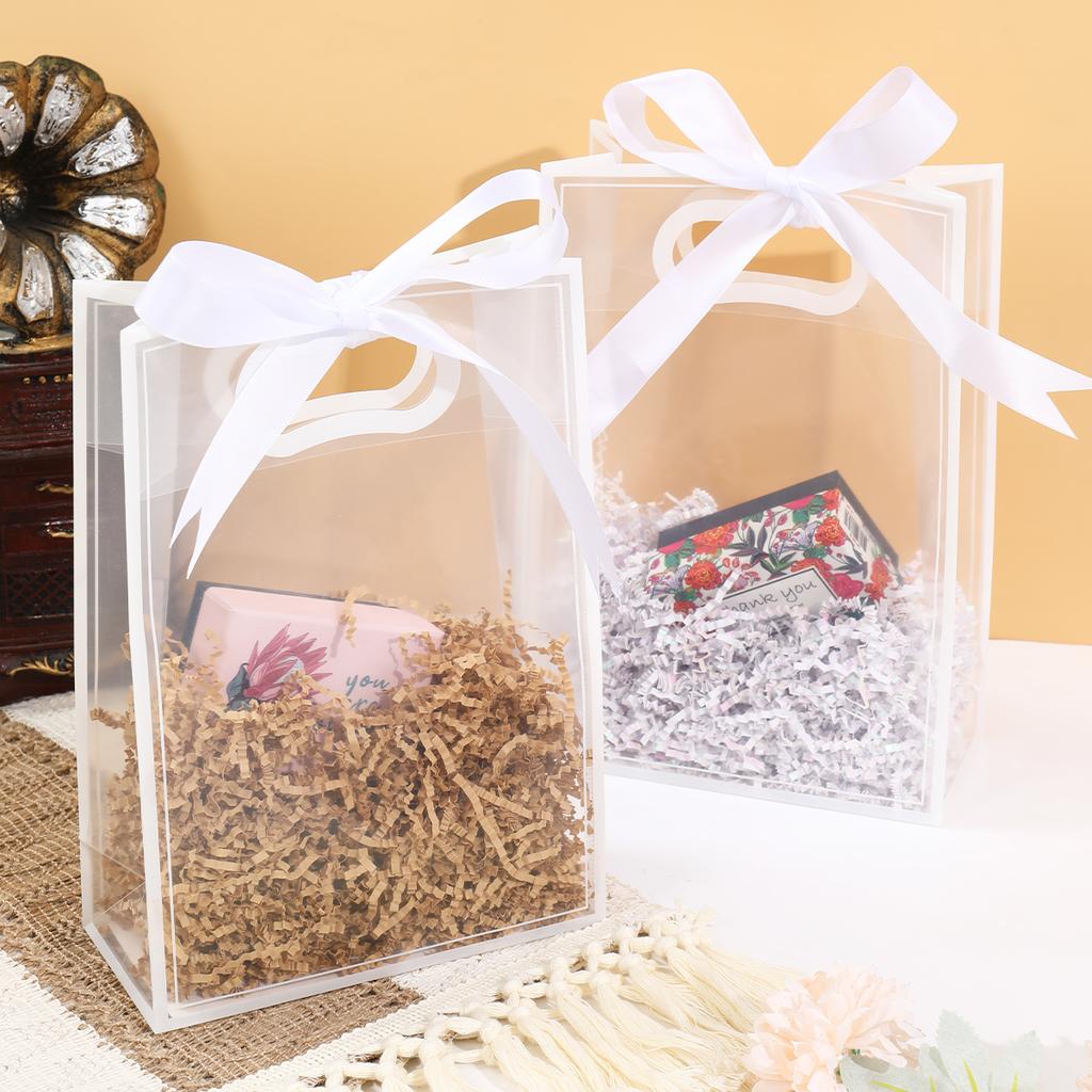 10Pcs Clear Plastic Gift Bag with Die Cut Handles Reusable PP Flower Bag with Ribbon for Wedding Bridal Birthday Party Business