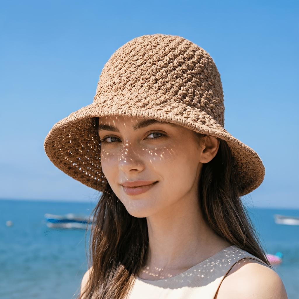 2026 New Women's Summer French-Style Hollowed-Out Bucket Hat Travel Beach Breathable Foldable Straw Sun Hat