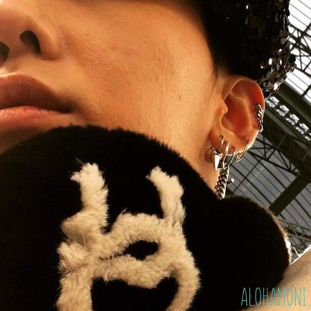 ALOHAMONI BIGBANG G-DRAGON Hoop Earrings (5-Piece Set) with Chain, Cross, Spike, Peace, and Ball Designs. Silver Hoop Rings for Men and Women. Unisex.