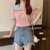 Summer French Academy Color Blocked Short Sleeve Polo Neck Ice Silk Knitted Shirt Short Top for Women