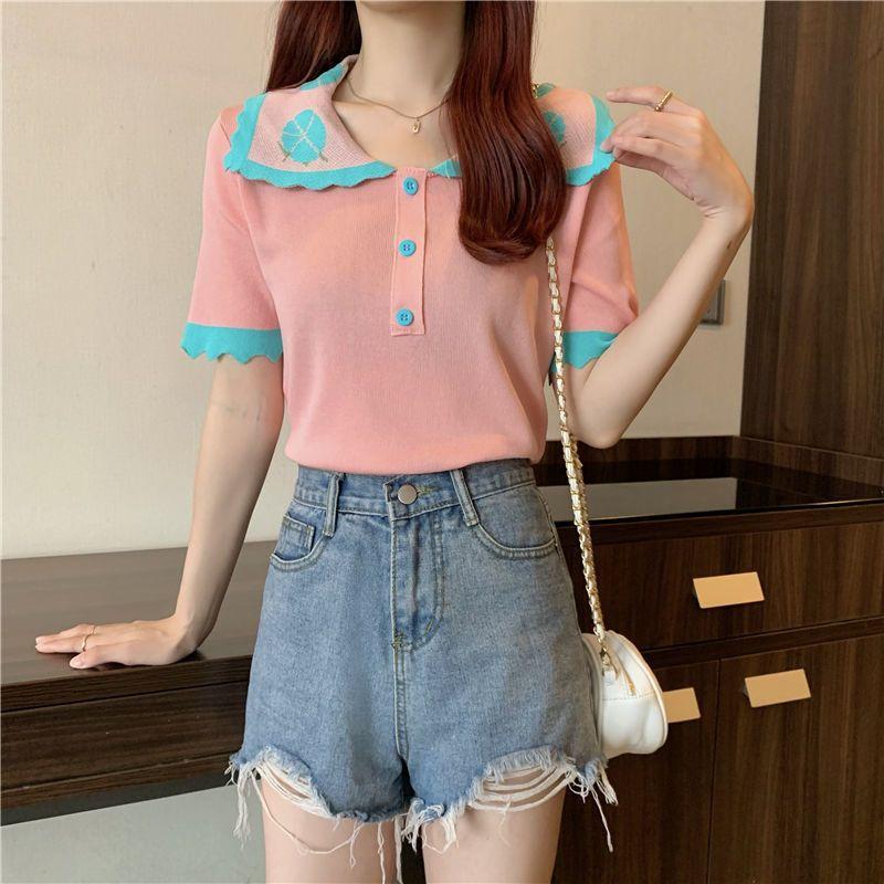 Summer French Academy Color Blocked Short Sleeve Polo Neck Ice Silk Knitted Shirt Short Top for Women