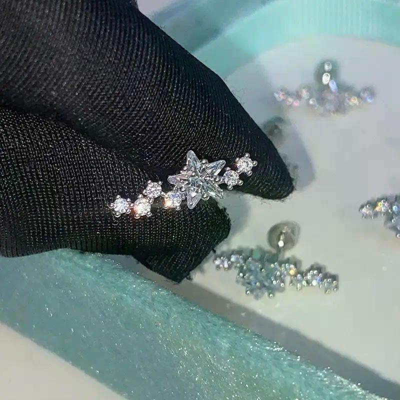 2Pcs Shiny Star Zircon Stud Earrings For Women Silver Color Cartilage Tragus Helix Ear Piercing Jewelry Accessory Gifts