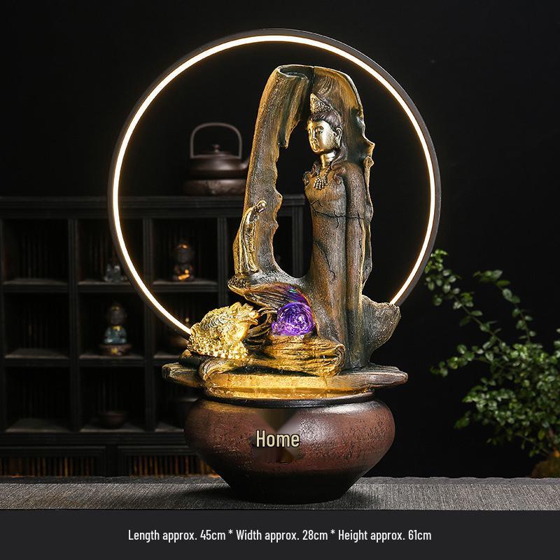 

Zen Guanyin Buddha Statue with Golden Cicada Lamp and Flowing Water Fish Tank for Home Entrances.