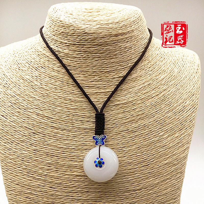 Kangwa Stone Ethnic Sweater Chain with Cloisonné  White Jade Peace Buckle Pendant Necklace 373