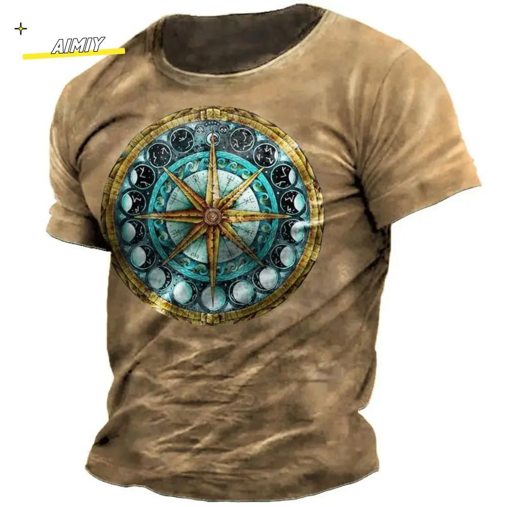 Vintage Summer Compass Pattern 3D Printed Short-sleeve Men's T-shirts Loose Daily Men Clothing Casual Streetwear