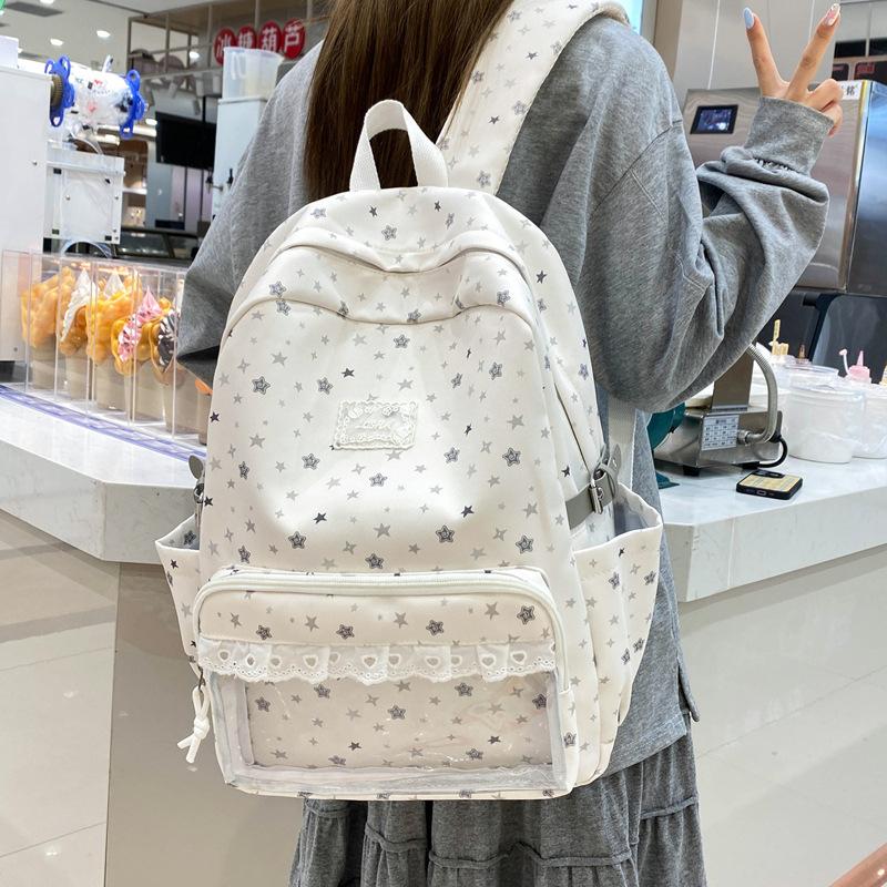 Schoolbag Sweet Star Printed School Bag Female Junior High School Campus Wind Transparent Window Design Backpack Large Capacity Pain Bag Backpack