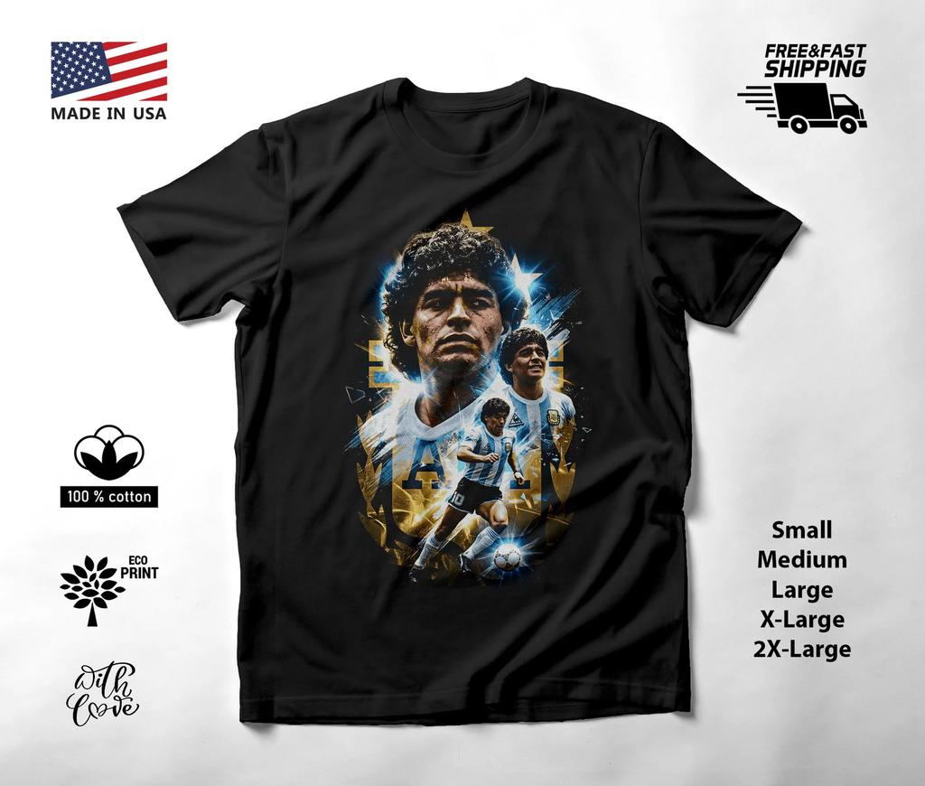 Argentina Curly Hair Portrait Blue Gold Art Soccer T-Shirt Black Unisex S-2XL