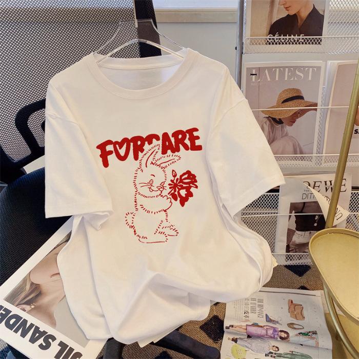 

Футболка из чистого хлопка с мультяшным кроликом, символом года, с коротким рукавом, женская, новая коллекция весна-лето 2025, универсальный повседневный топ в стиле ленивой небрежности S белый
