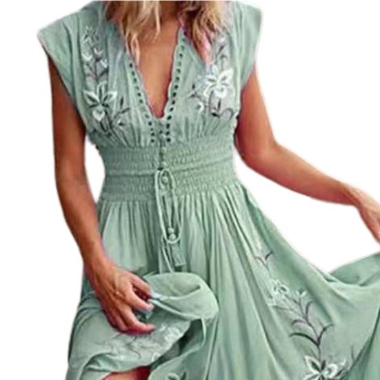 Women Dress Floral Print Lace-up Summer Bohemian Vintage Maxi Dress for Beach