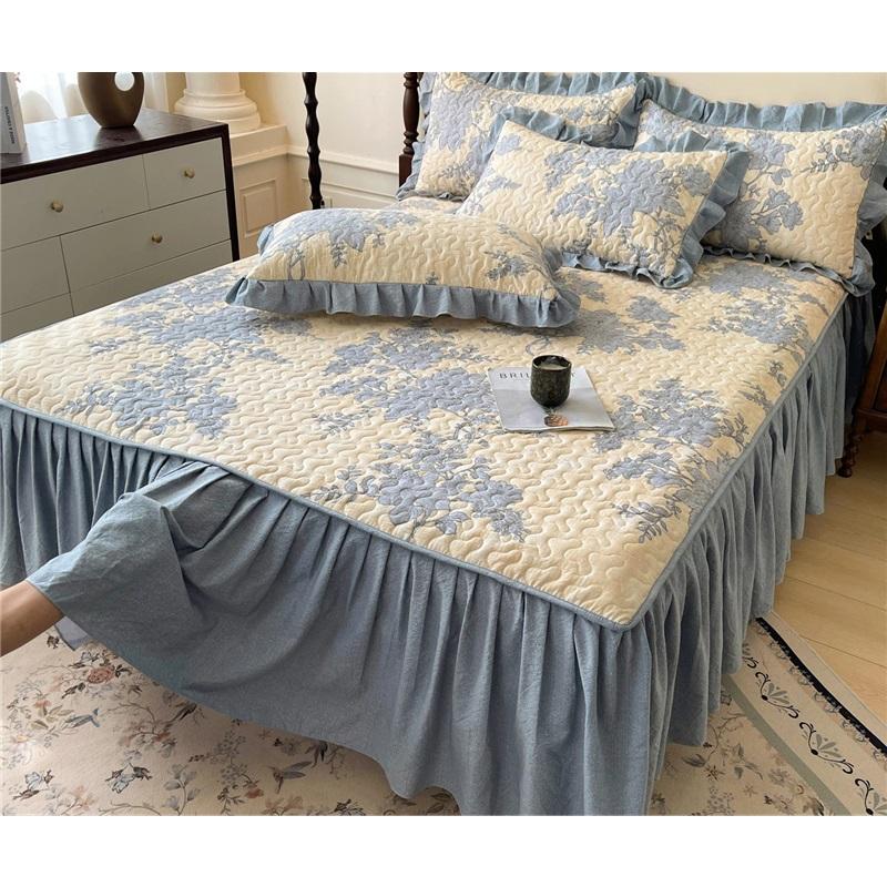 A Class Vintage Quilted Bed Skirt Washable Cotton Printed Bedspread 3 Piece Set Home Bedding Protector