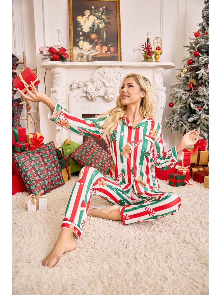 Women's Christmas Pajama Set with Santa Hat - Lapel Long Sleeve Top and Long Pants
