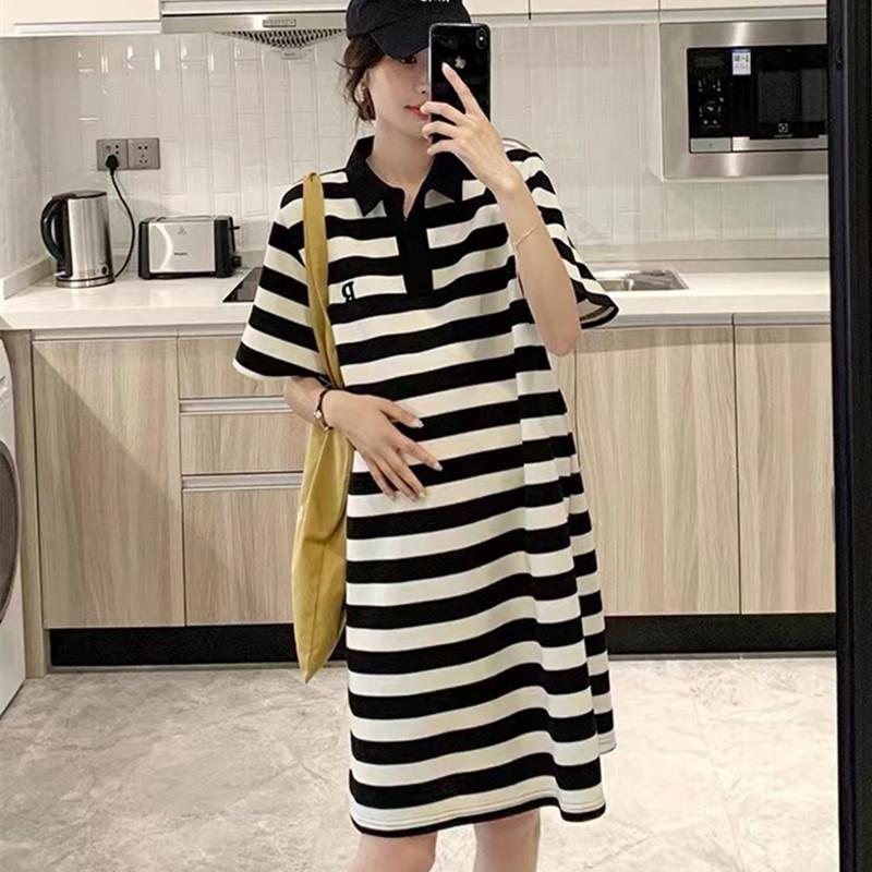 Fairy Striped Polo Maternity Summer Dress - Loose, Retro-Style for Comfort and Elegance