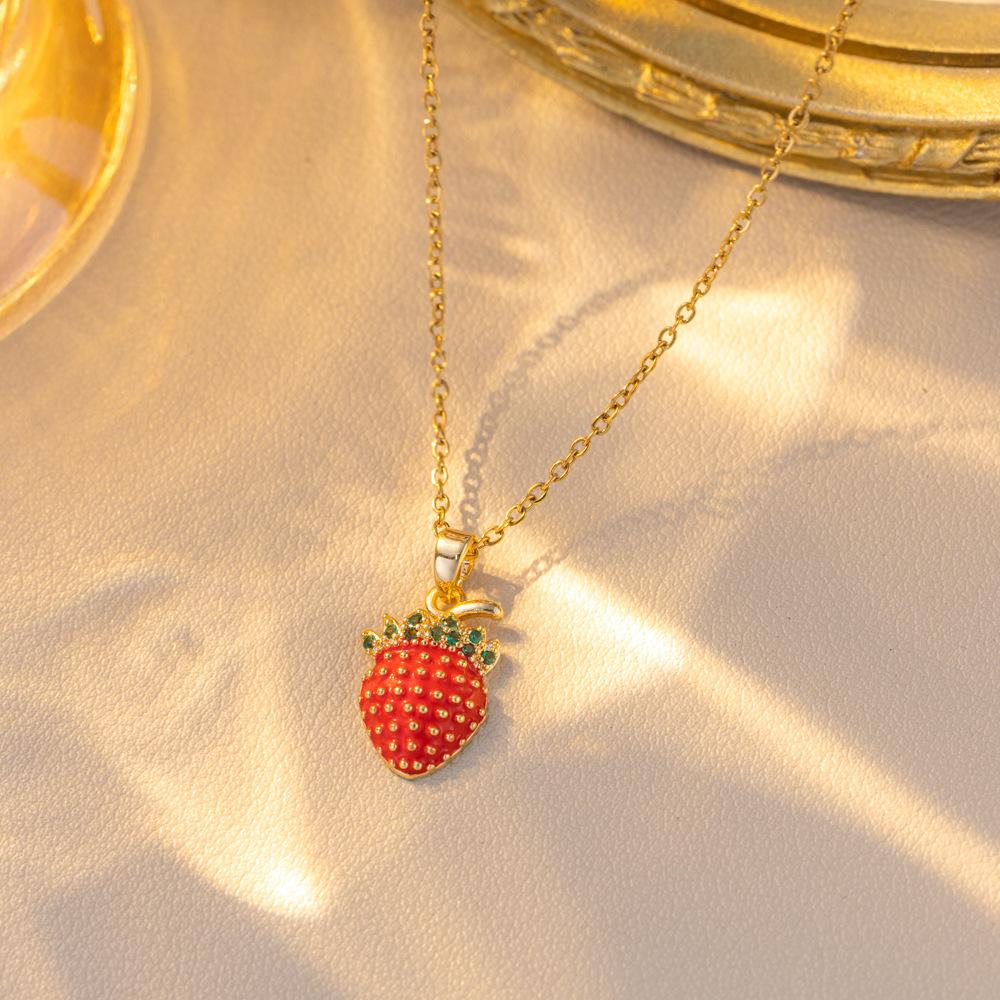 Women Girls Sweet Cute Strawberry Series Pendant Necklace Stainless Steel Chain Lovely Strawberry Fruit Jewelry Accessories Gift