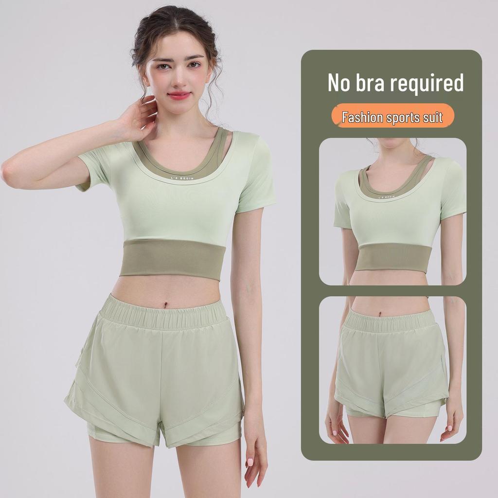 Women's Short Sleeve Yoga Set: Summer Style Workout Top with Chest Pad for Pilates, Training, and Running.
