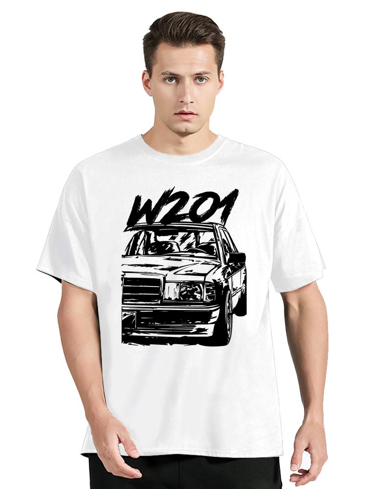 Vintage W201 190e Bil T-shirt Klassiska Bilar Bomullstoppar Streetwear Casual O-ringad T-shirt Nya Herrkläder Oversized T-shirt Toppar