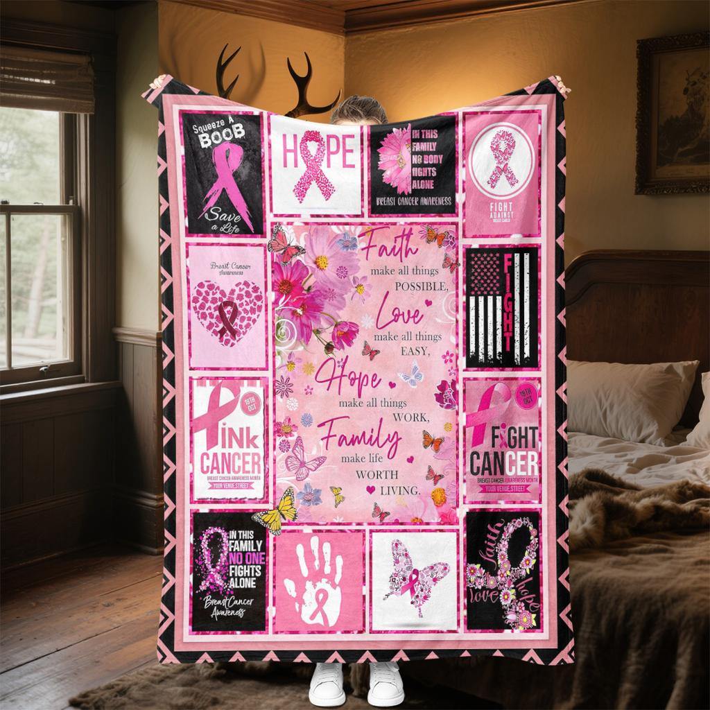 1PC Breast Cancer Awareness Pink Ribbon Throw Blanket Soft Comfortable All Seasons Perfect Sofa Office Travel Home Gift Idea