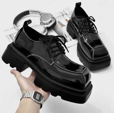 Herren Japan Karajuku Koreanischer Stil Mode Glänzend Streetwear Dicke Plateau Freizeitschuhe Schwarze Leder Schuhe Schnürsenkel Sneaker Schuhe