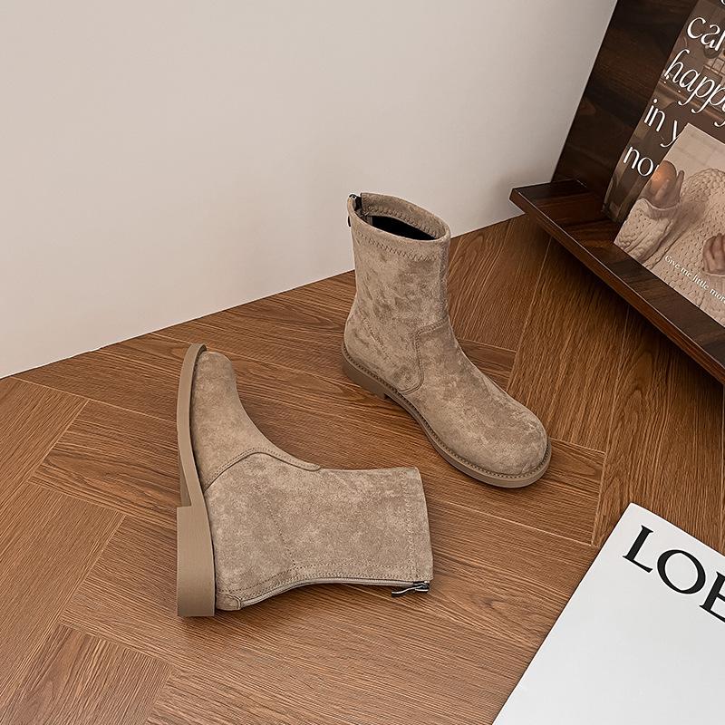 

Женские замшевые короткие ботинки в британском стиле, осенне-зимние, простые, ретро, универсальные, на плоской подошве, эластичные, матовые, тонкие ботинки Мартин 40 хаки