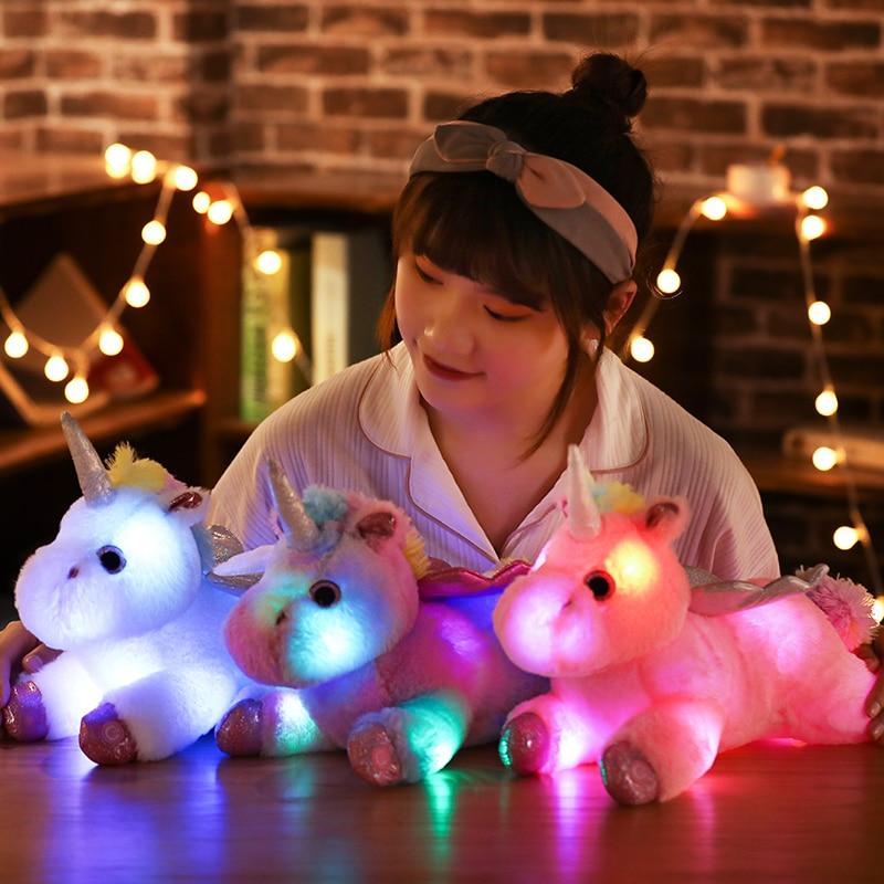 1pc 38cm Kawaii Lightning Unicorn Plush Toys Soft Stuffed Animal Colored Lights Unicorn Pillow Luminous Doll Children Girls Gift