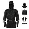 Costume cosplay da cavaliere in cotta di maglia, giacca con cappuccio stile ranger retrò medievale, protezioni per i polsi e cintura costume da spettacolo