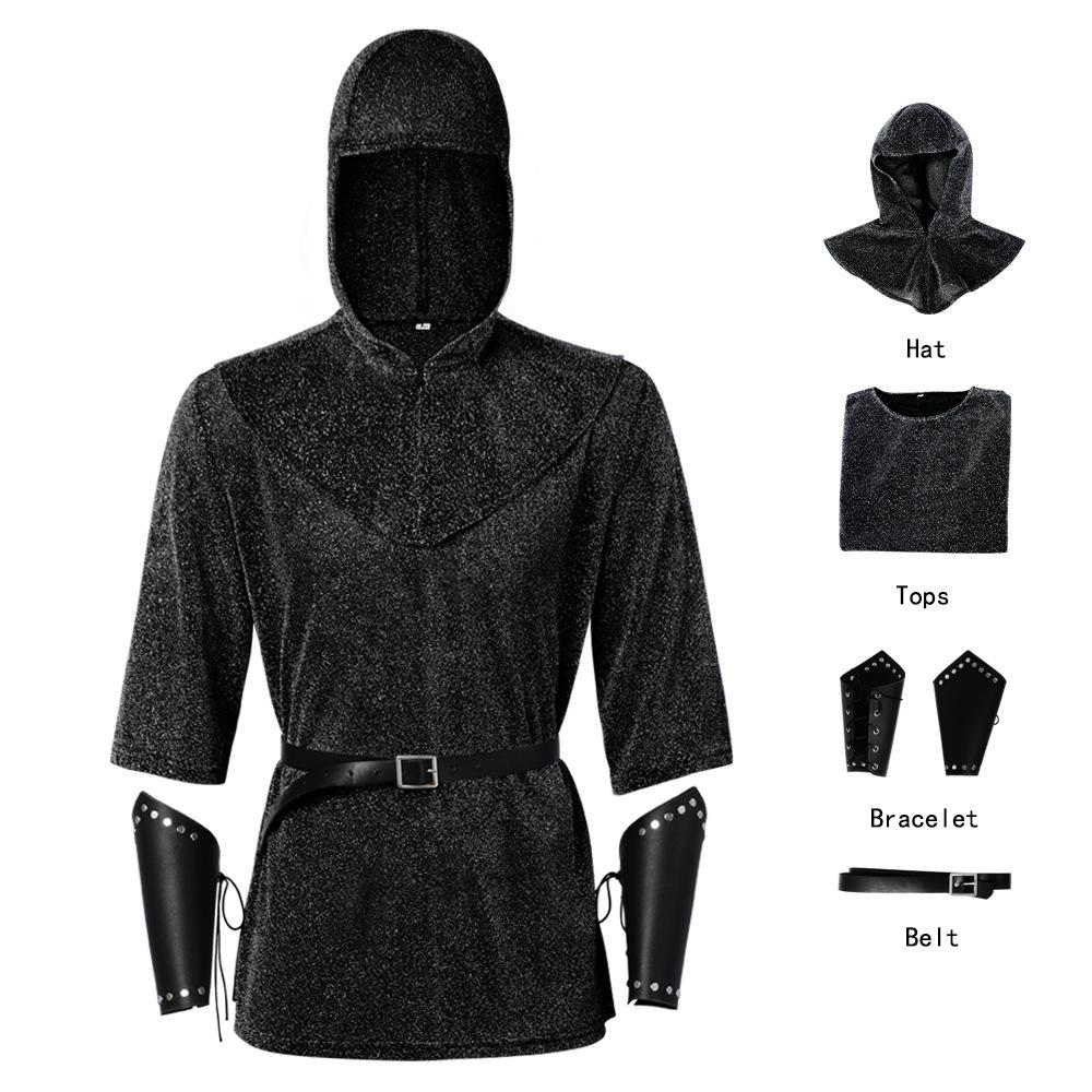 Costume cosplay da cavaliere in cotta di maglia, giacca con cappuccio stile ranger retrò medievale, protezioni per i polsi e cintura costume da spettacolo