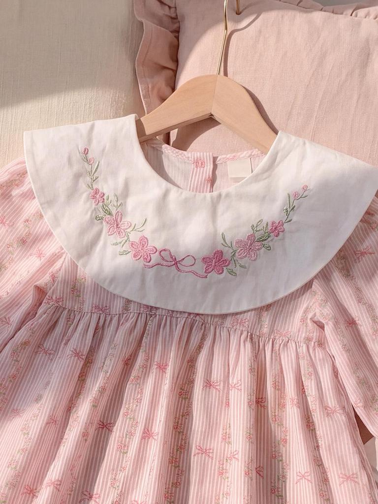 2026 Autumn Korean Style Girls' Floral Embroidery Dress with Doll Collar and Long Sleeves