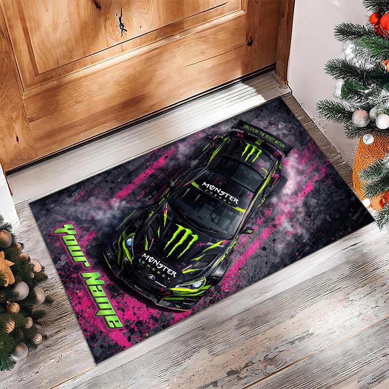 Tappeto Monster Energy Crystal Velvet, Tappetino Antiscivolo Personalizzato con Nome Testo per Arredamento Casa Regalo